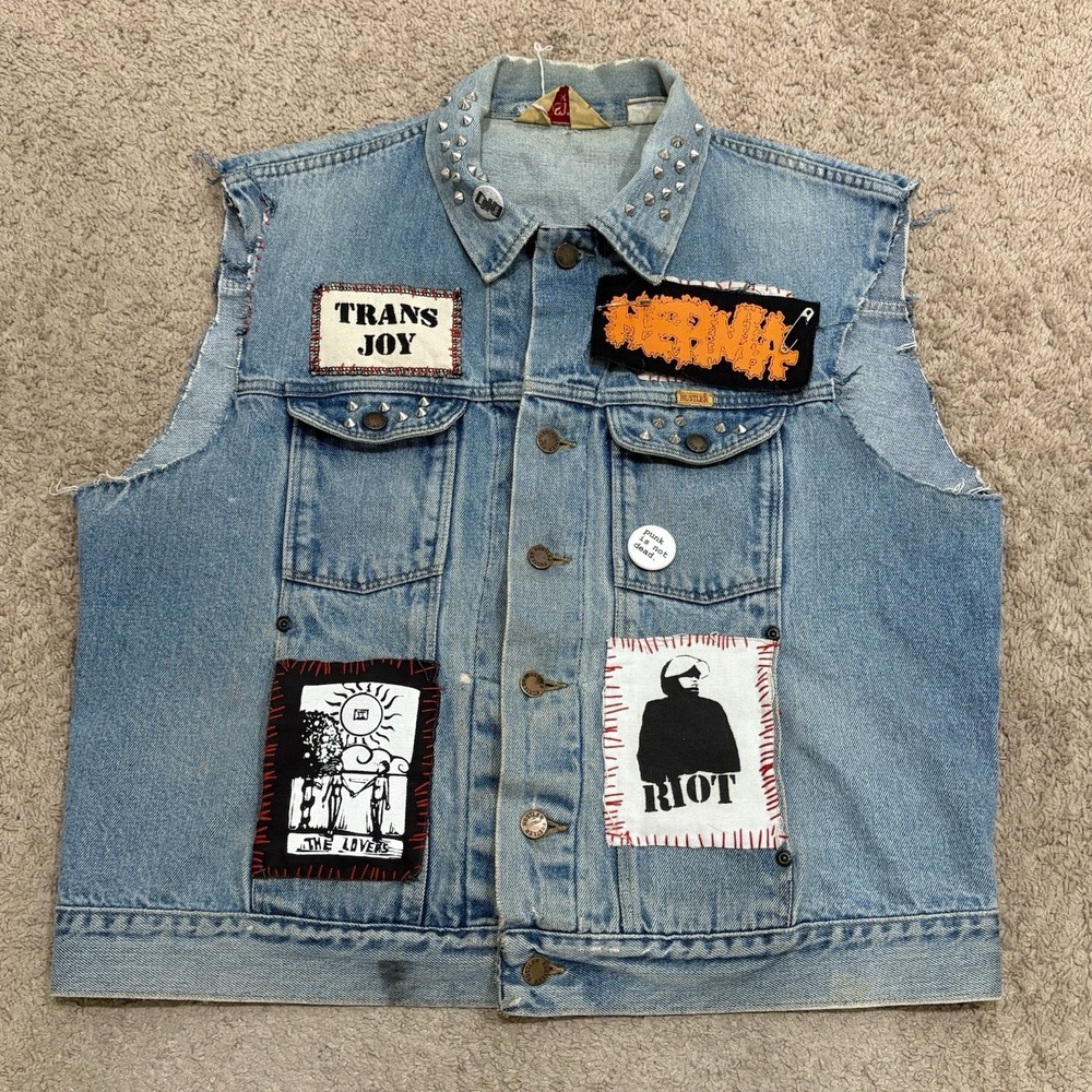 Vintage 90s Denim Vest Cut Off Jacket LGBTQ Punk Rock Trans Rock And Roll Sz XL